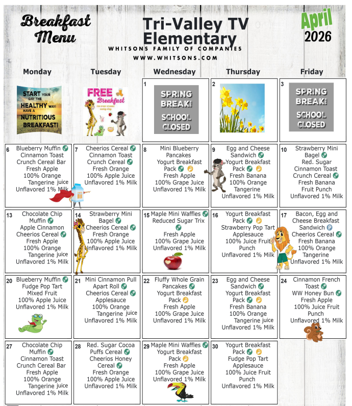 April 2026 Elementary Breakfast Menu