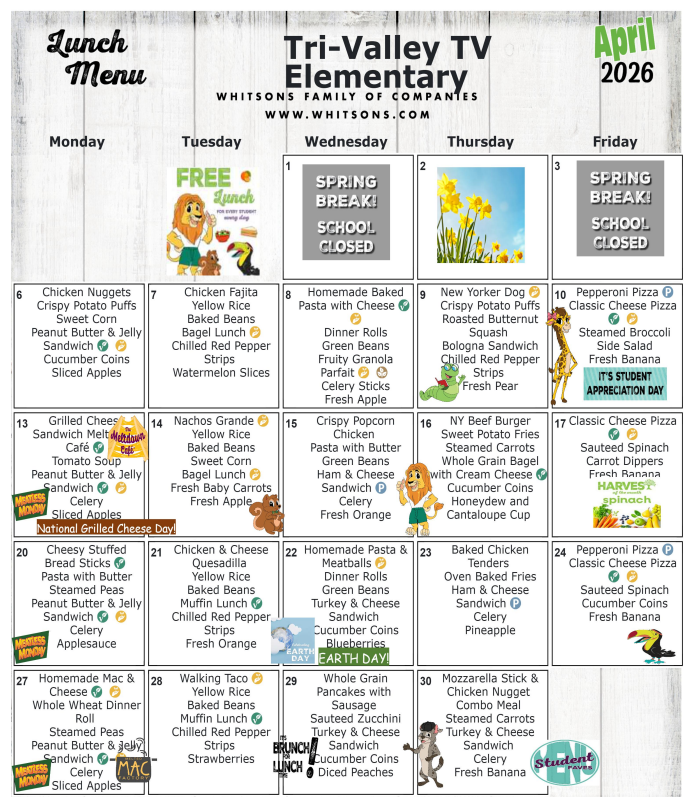 April 2026 Elementary Lunch Menu