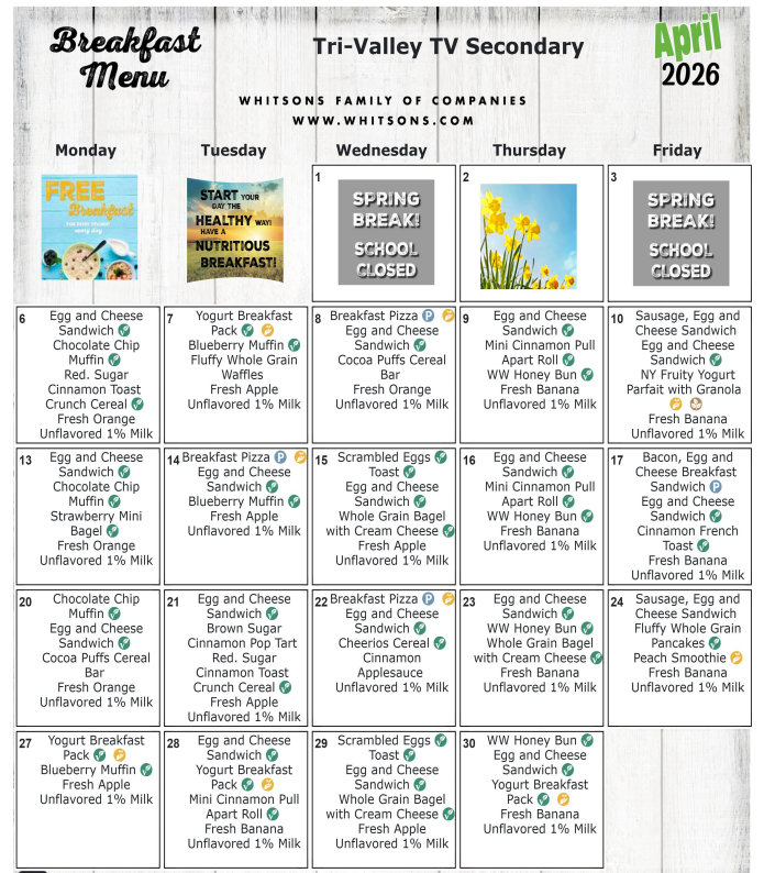 April 2026 Secondary Breakfast Menu
