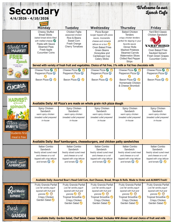 April 2026 Secondary Lunch Menu- April 6-10