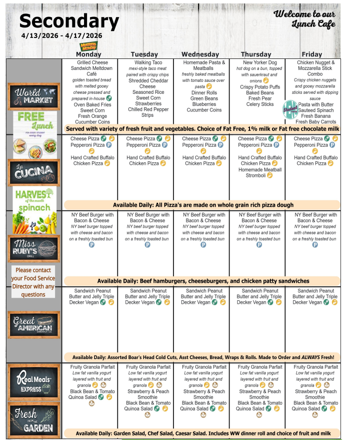 April 2026 Secondary Lunch Menu- 4/13-4/17