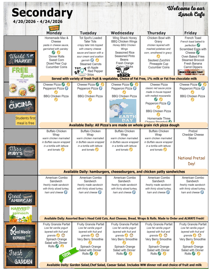 April 2026 Secondary Lunch Menu- 4/20-4/24