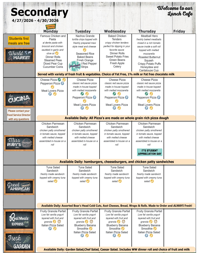 April 2026 Secondary Lunch Menu- 4/27-4/30