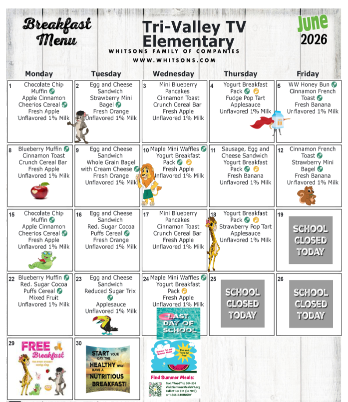 June 2026 Elementary Breakfast Menu