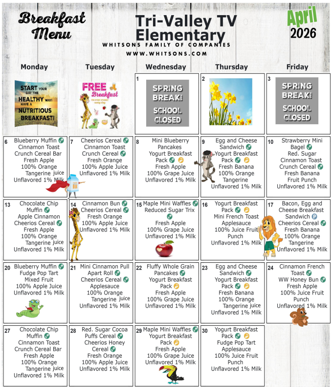 Elementary Breakfast Menu April 2026
