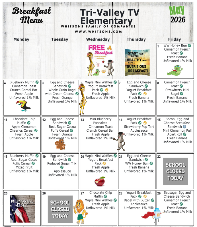May 2026 Elementary Breakfast Menu