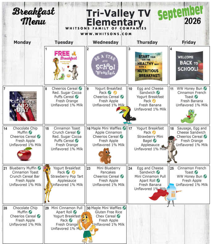 Elementary Breakfast Menu Sept 2026