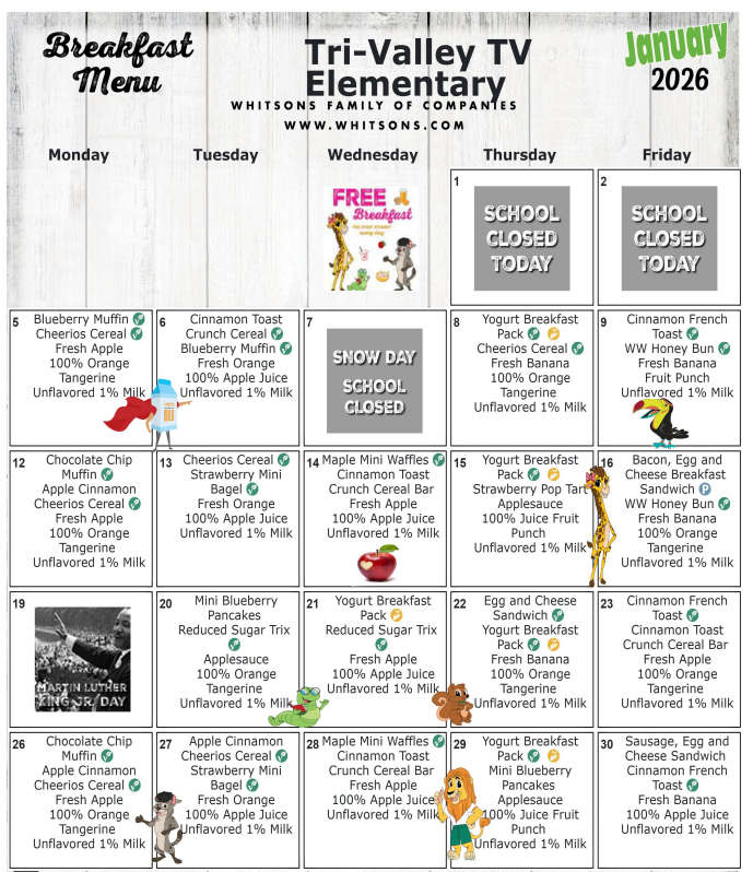January 2026 Elementary Breakfast Menu