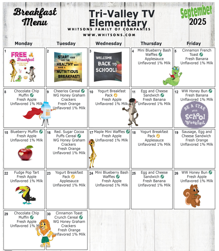Elementary Breakfast Menu for September 2025