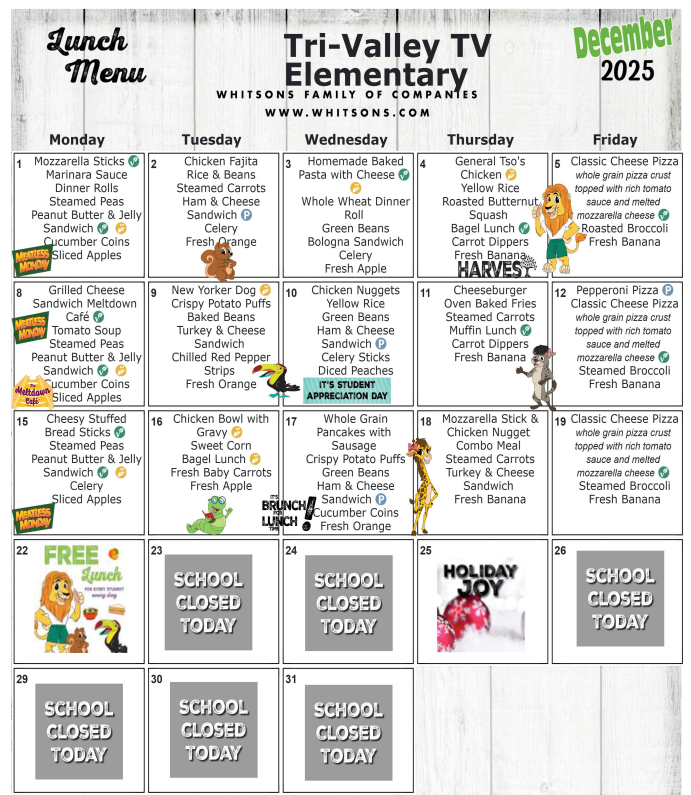 ES December 2025 Lunch Menu