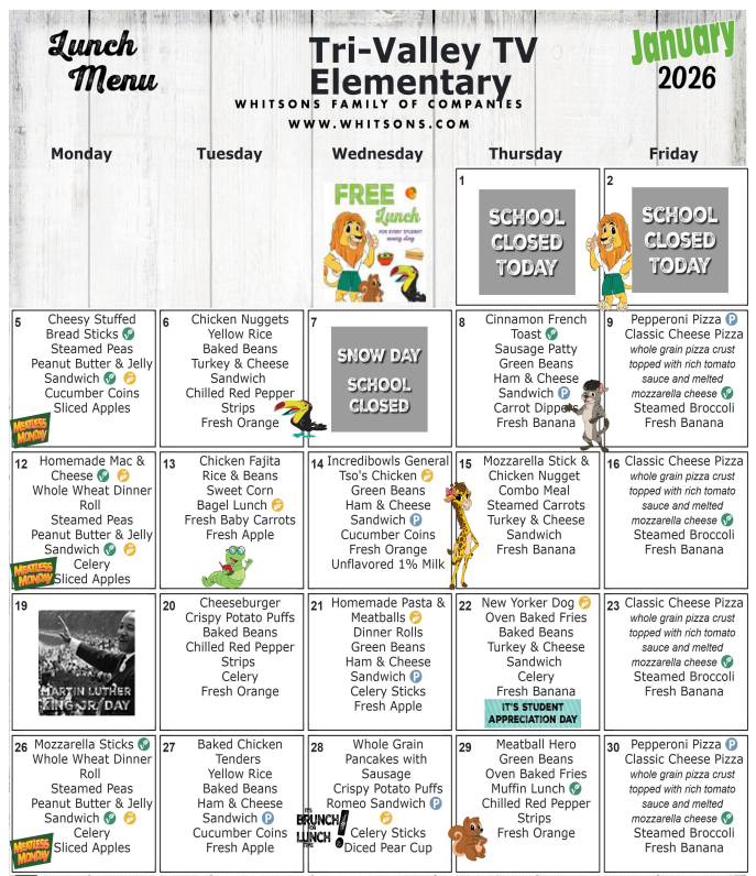 January 2026 Elementary Lunch Menu