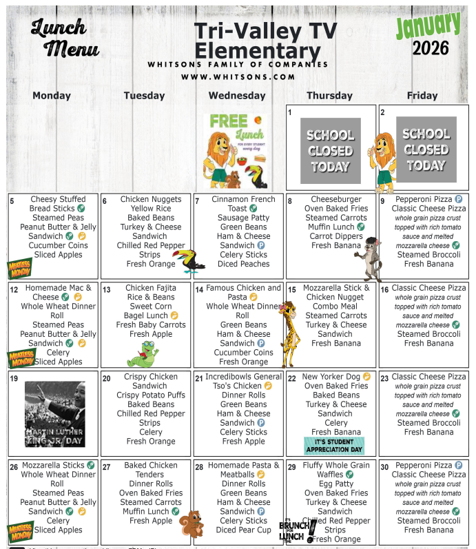January 2026 Elementary Lunch Menu