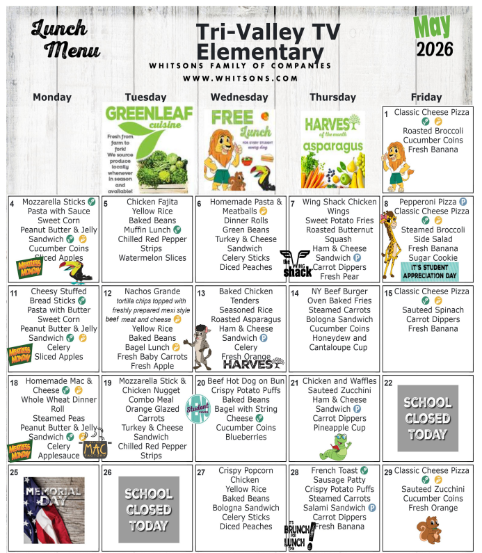 May 2026 Elementary Lunch Menu