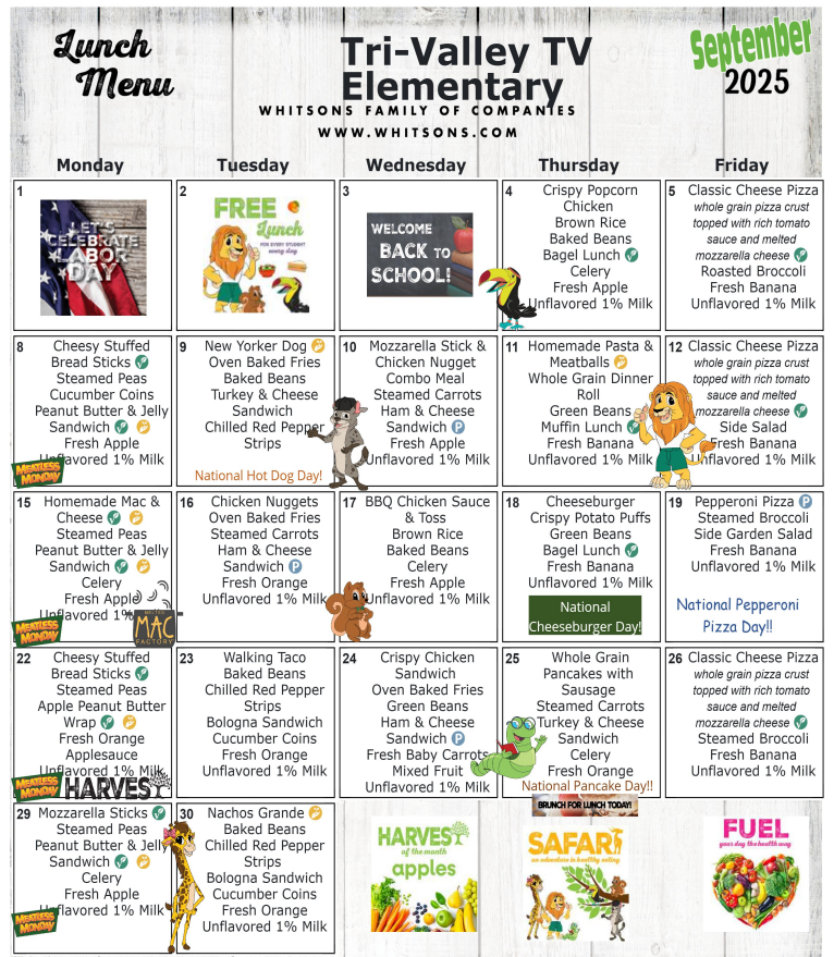 Elementary Lunch Menu for September 2025
