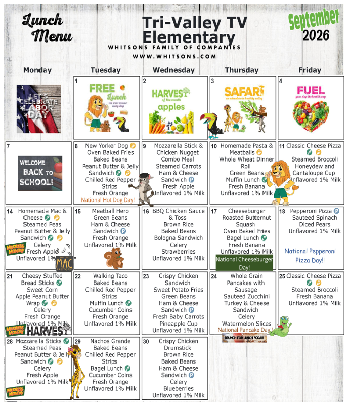 Elementary Lunch Menu- September 2026