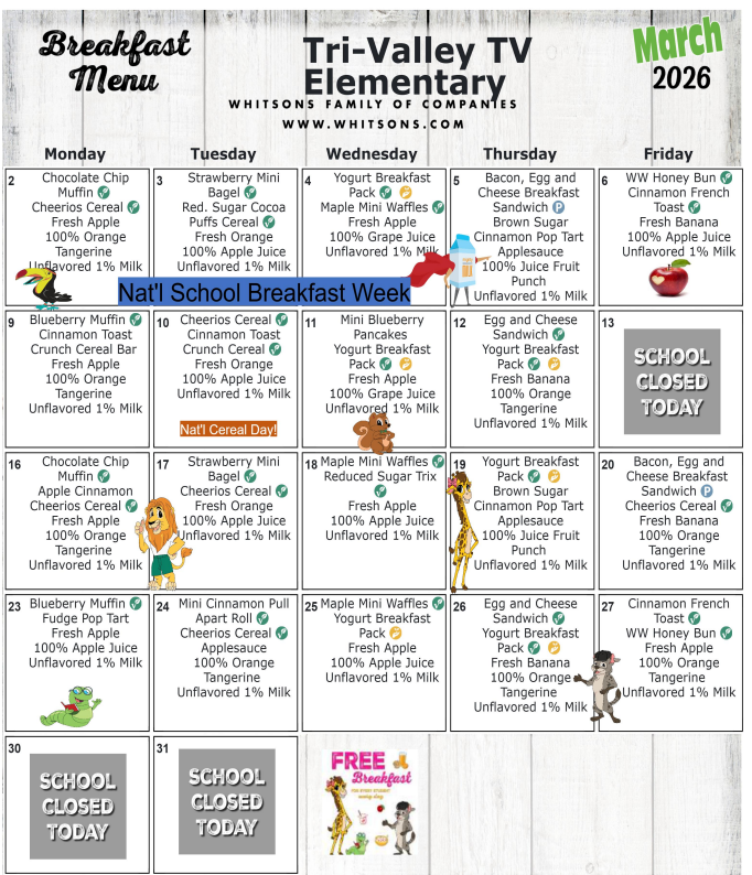March 2026 Elementary Breakfast Menu