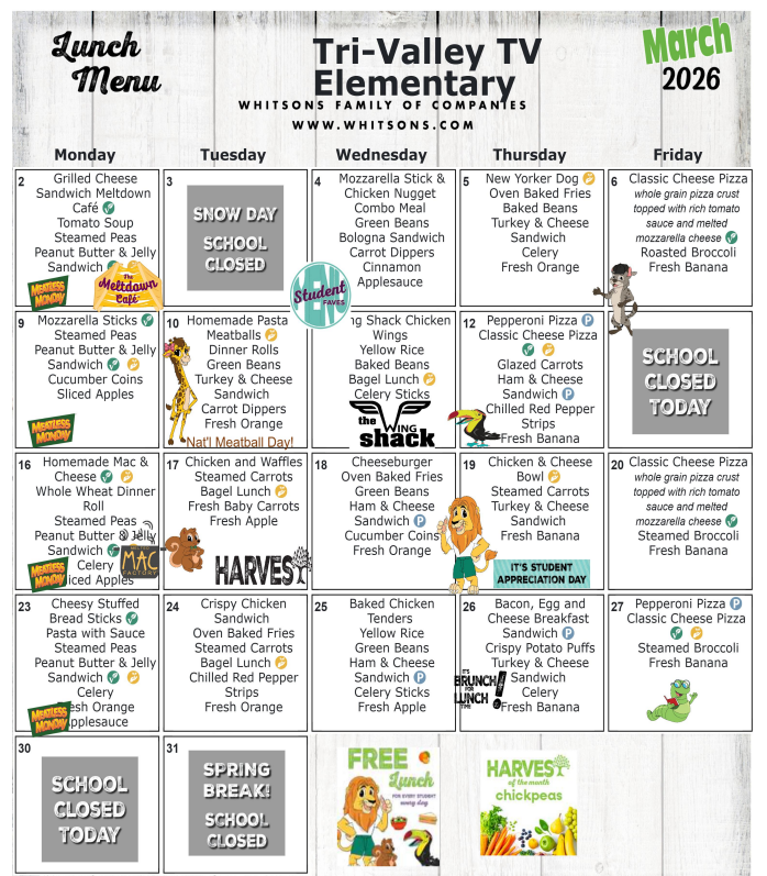 Elementary March 2026 Lunch Menu