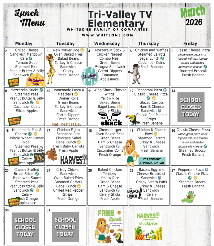 March 2026 Elementary Lunch Menu