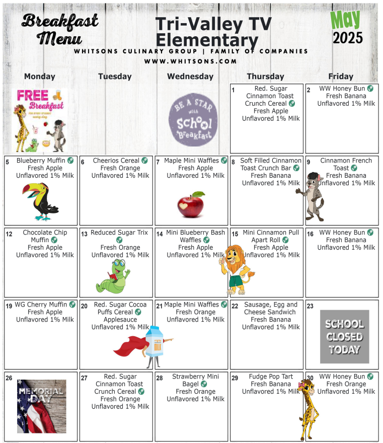 Elementary May 2025 Breakfast Menu