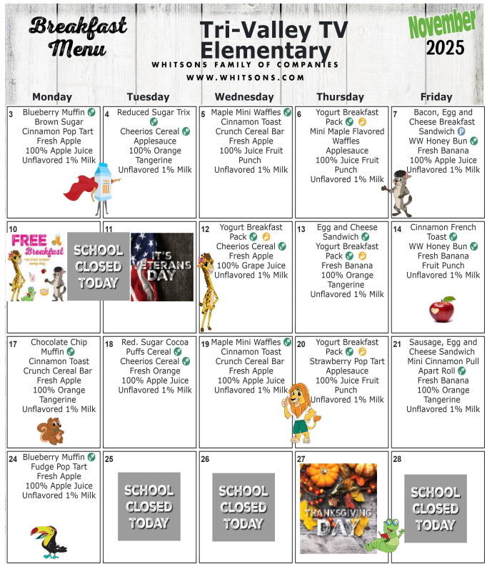 November 2025 Elementary Breakfast Menu