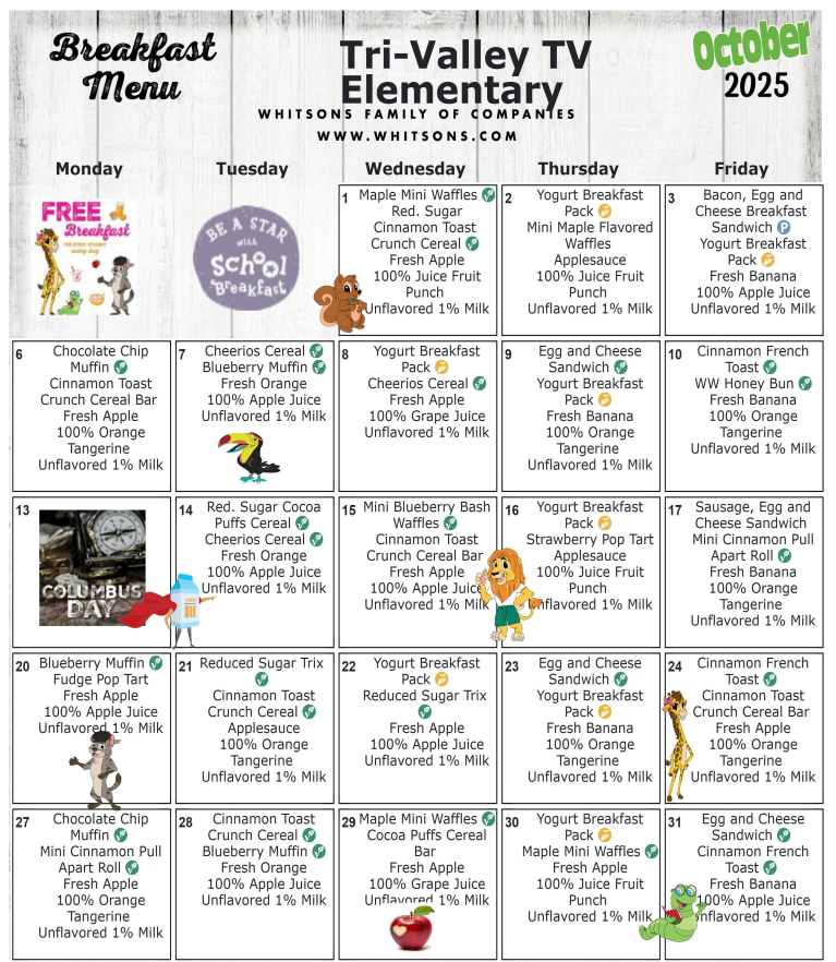 Elementary October 2025 Breakfast Menu