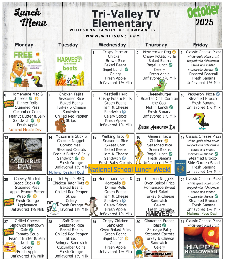 Elementary October 2025 Lunch Menu
