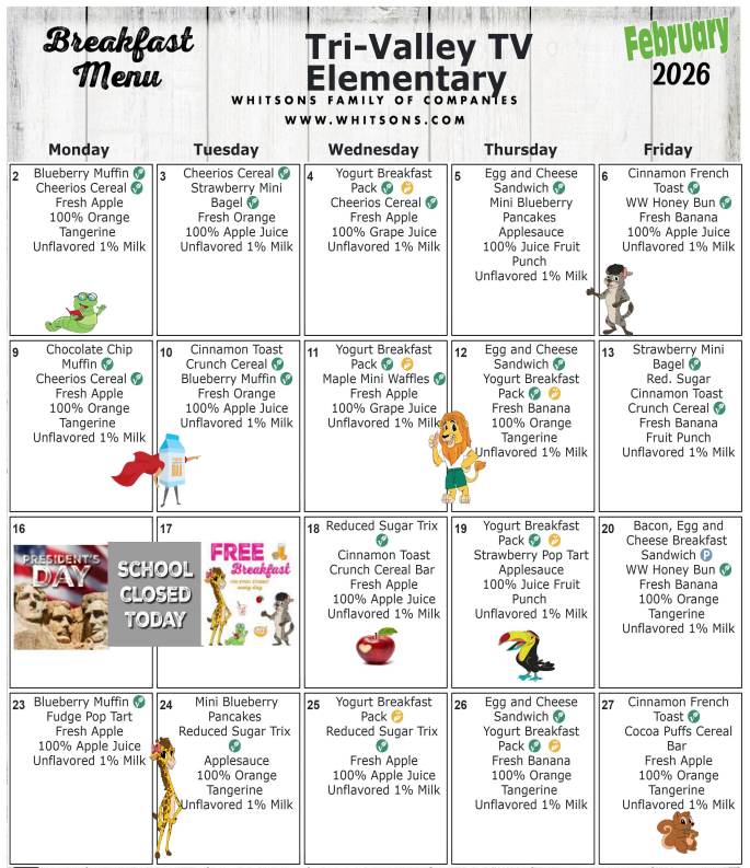 February 2026 Elementary Breakfast Menu