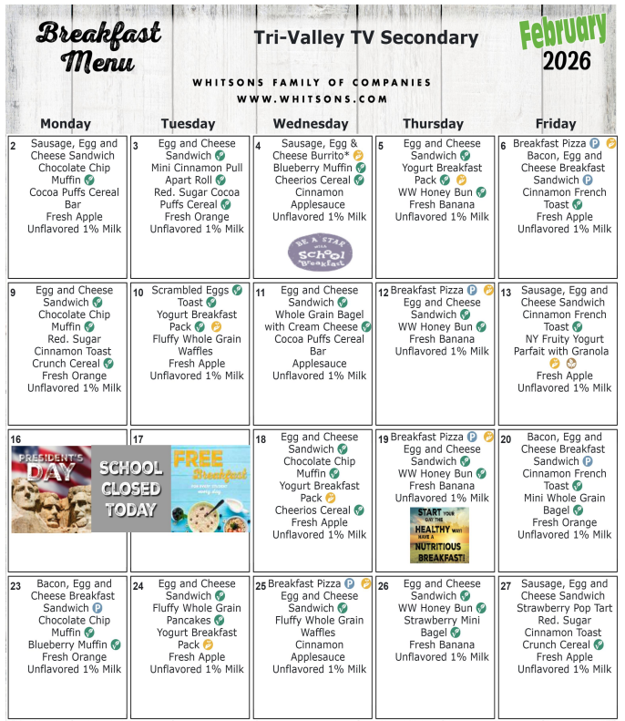 February 2026 Secondary Breakfast Menu