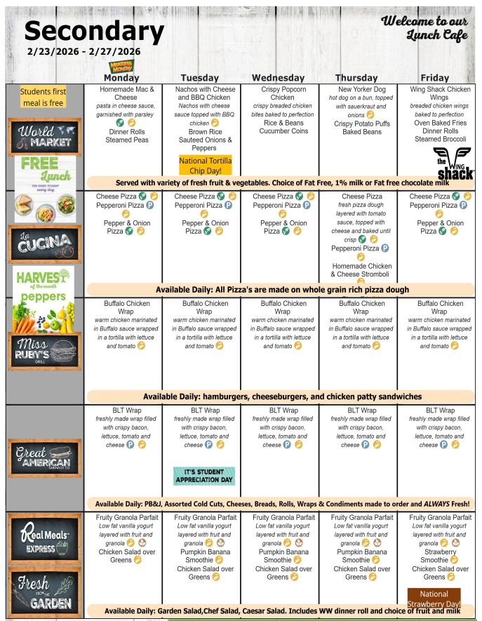 February 2026 Secondary Lunch Menus