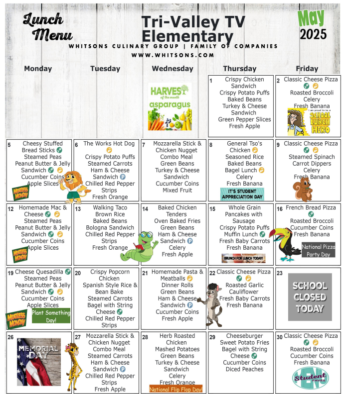 May 2025 Elementary Lunch Menu