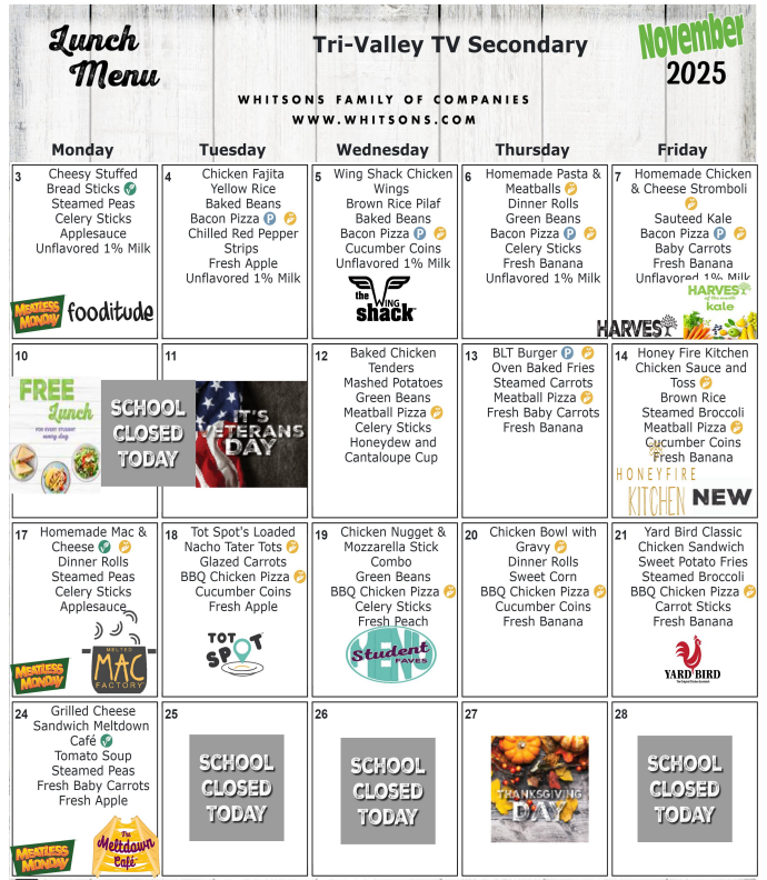 November 2025 Secondary Lunch Menu