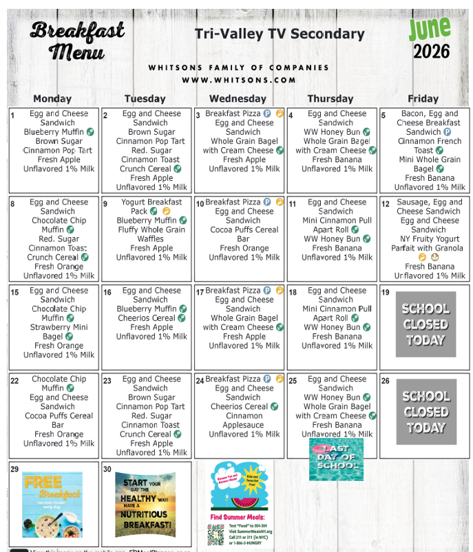Secondary June 2026 Breakfast Menu