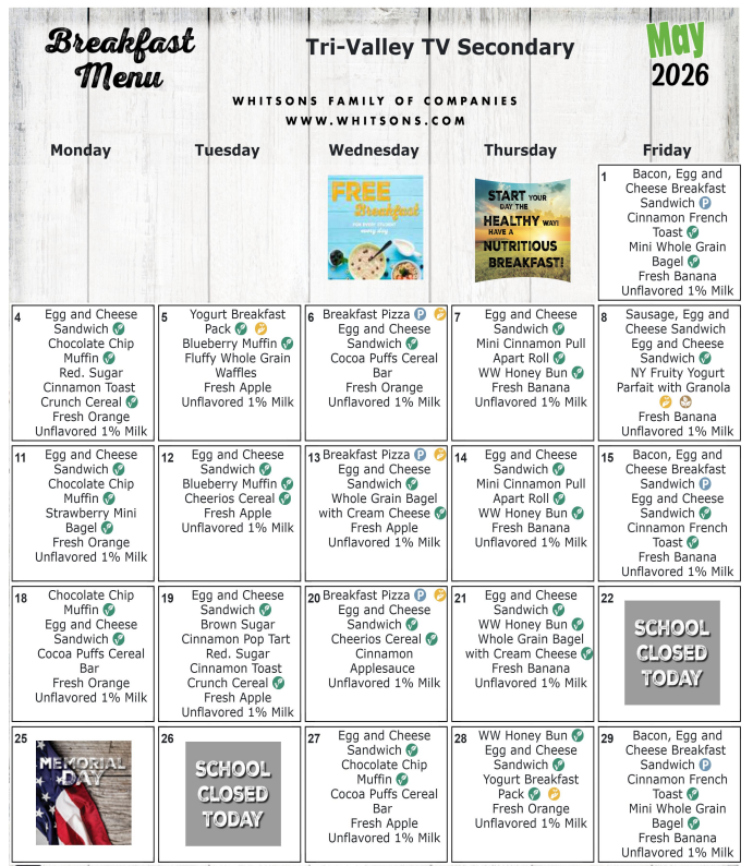 May 2026 Secondary Breakfast Menu