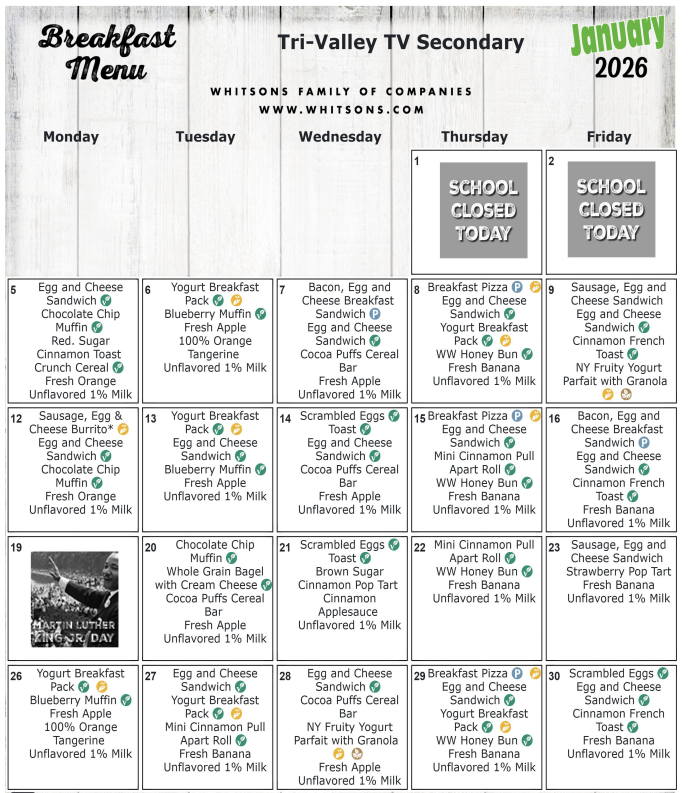 January 2026 Secondary Breakfast Menu