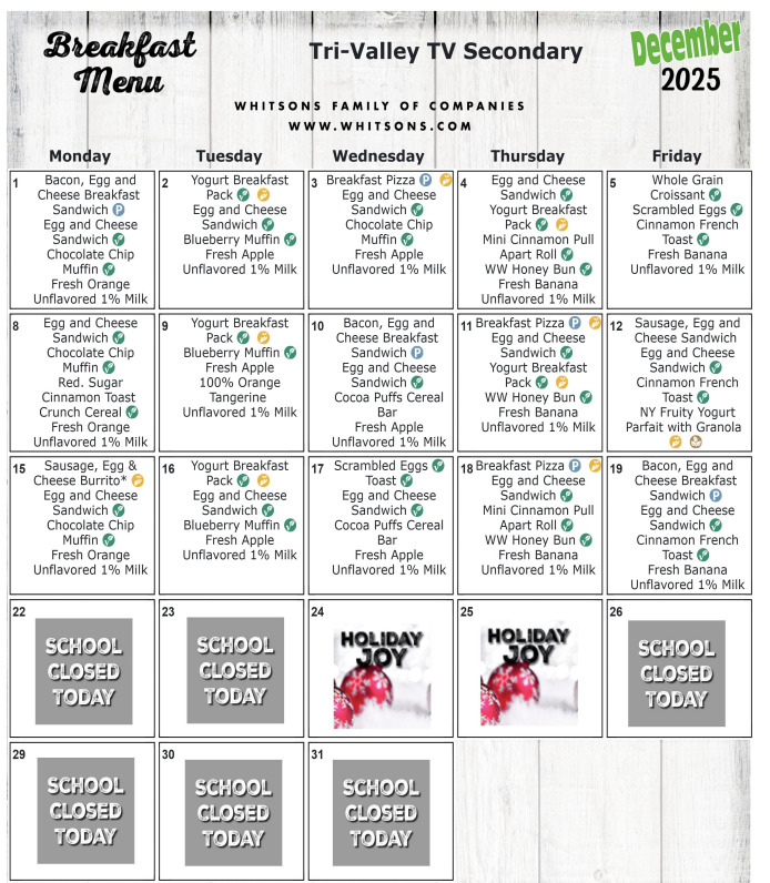December 2025 Secondary Breakfast Menu