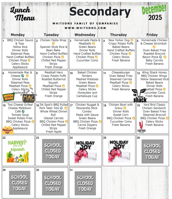 December 2025 Secondary Lunch Menu