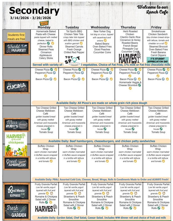 March 2026 Secondary Lunch Menu- March 16-20