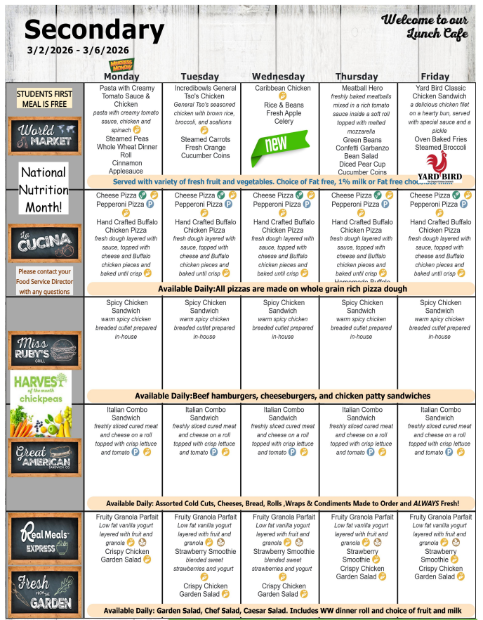 March 2026 Secondary Lunch Menu- 3/2- 3/6