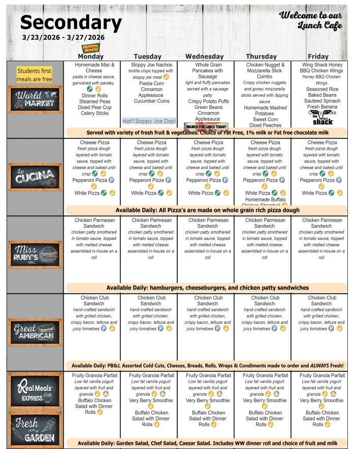 March 2026 Secondary Lunch Menu- March 23-27