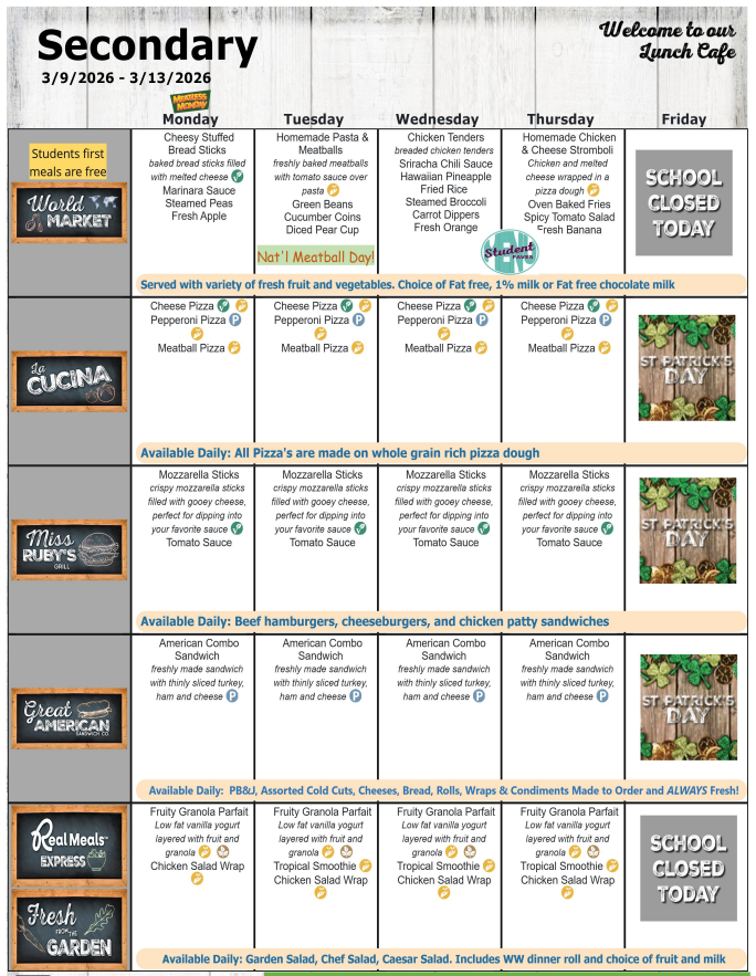 March 2026 Secondary Lunch Menu- March 9-13