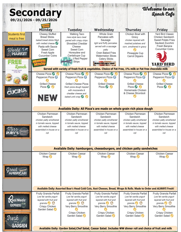 Secondary Lunch Menu- Week of Sept. 21-25, 2026