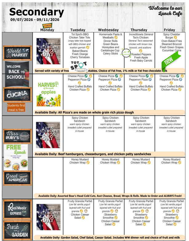 Secondary Lunch Menu- Week of Sept. 7-11, 2026