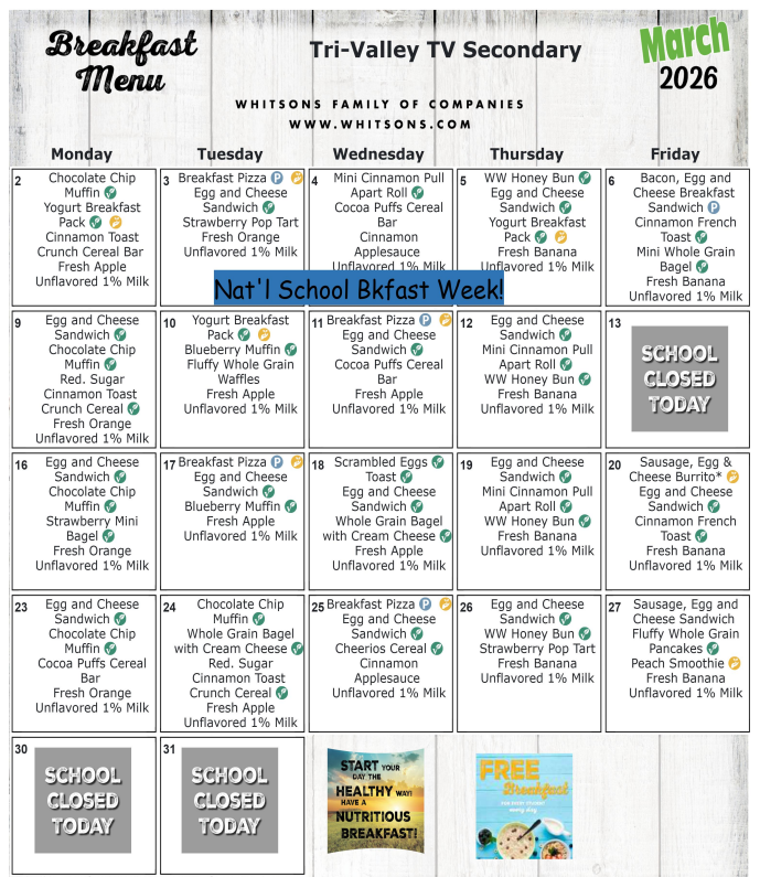 March 2026 Secondary School Breakfast Menu