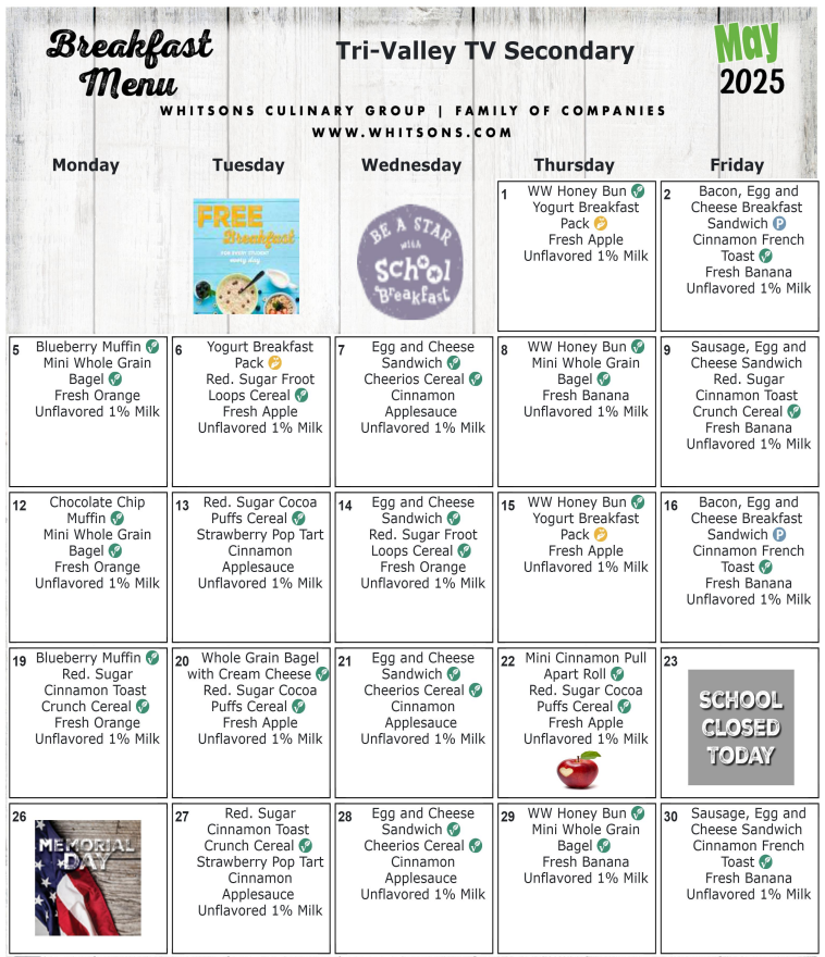 May 2025 Secondary School Breakfast Menu