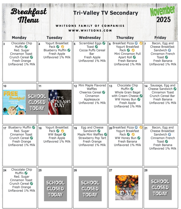 November 2025 Secondary Breakfast Menu
