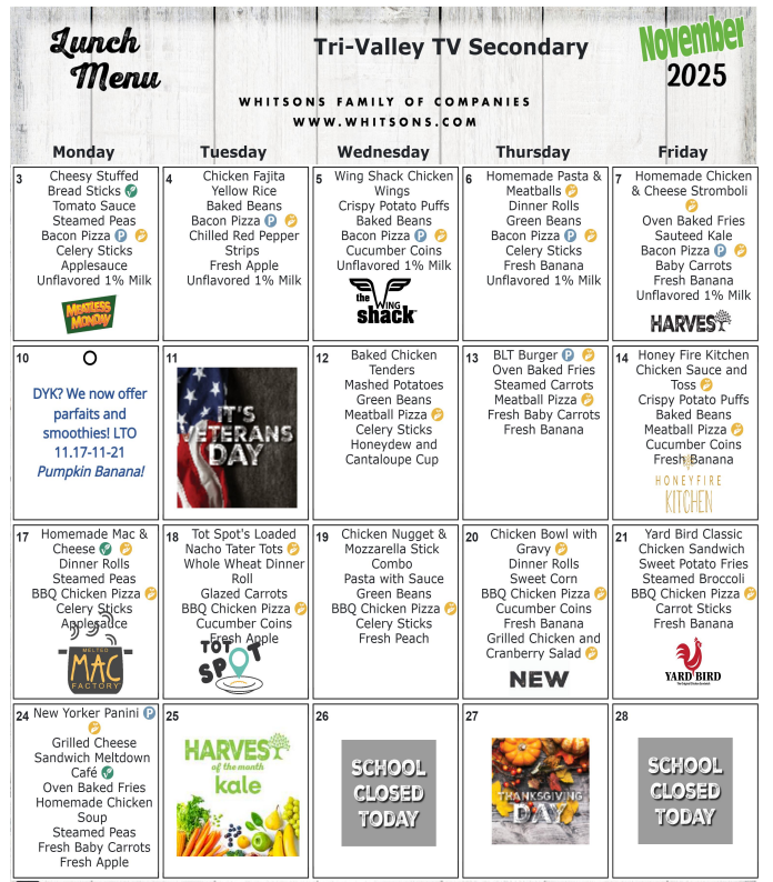 Secondary November 2025 Lunch Menu