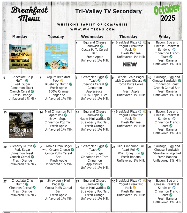 Secondary October 2025 Breakfast Menu