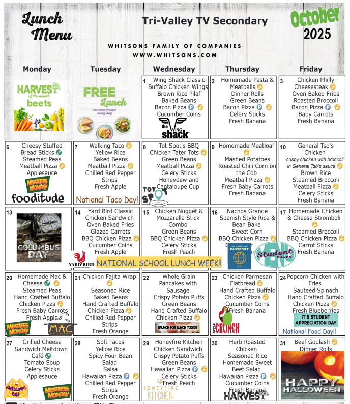 Secondary October 2025 Lunch Menu