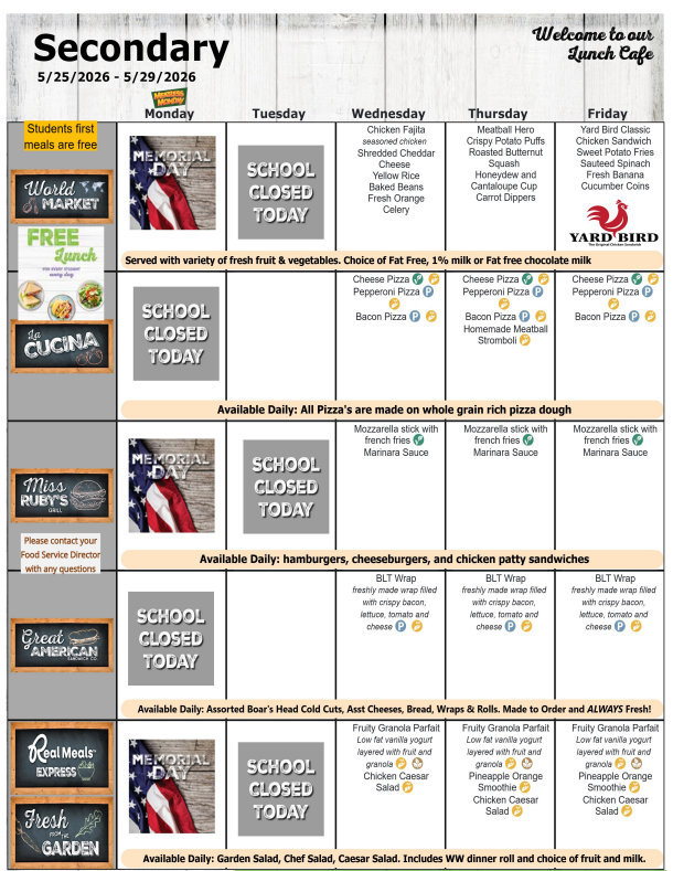 May 2026 Secondary Lunch Menus