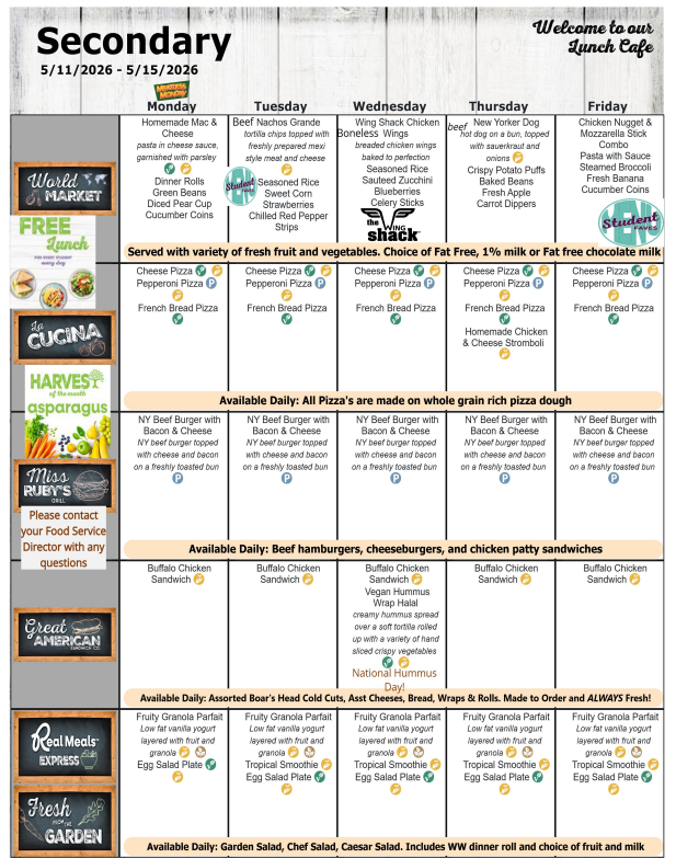 May 2026 Secondary School Lunch Menu
